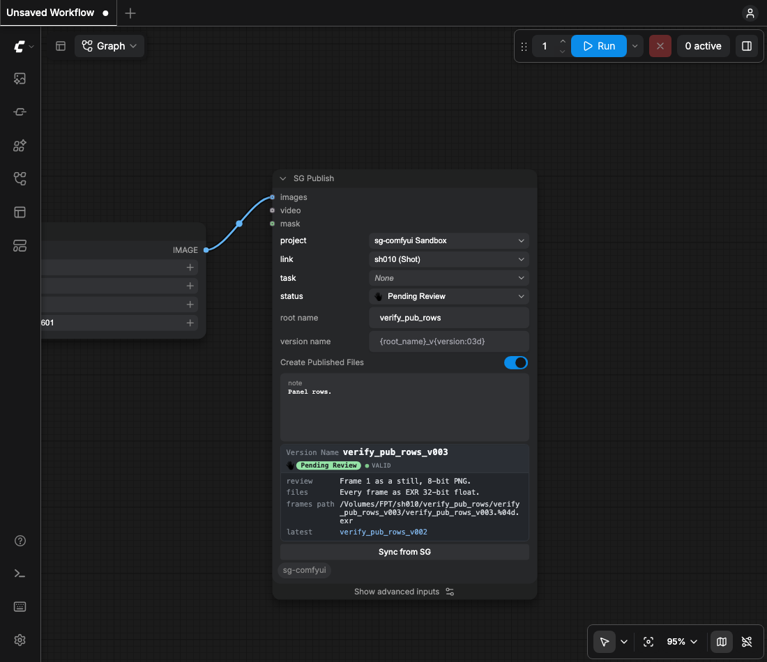 SG Publish before a Run with the format widget set to EXR 32-bit float