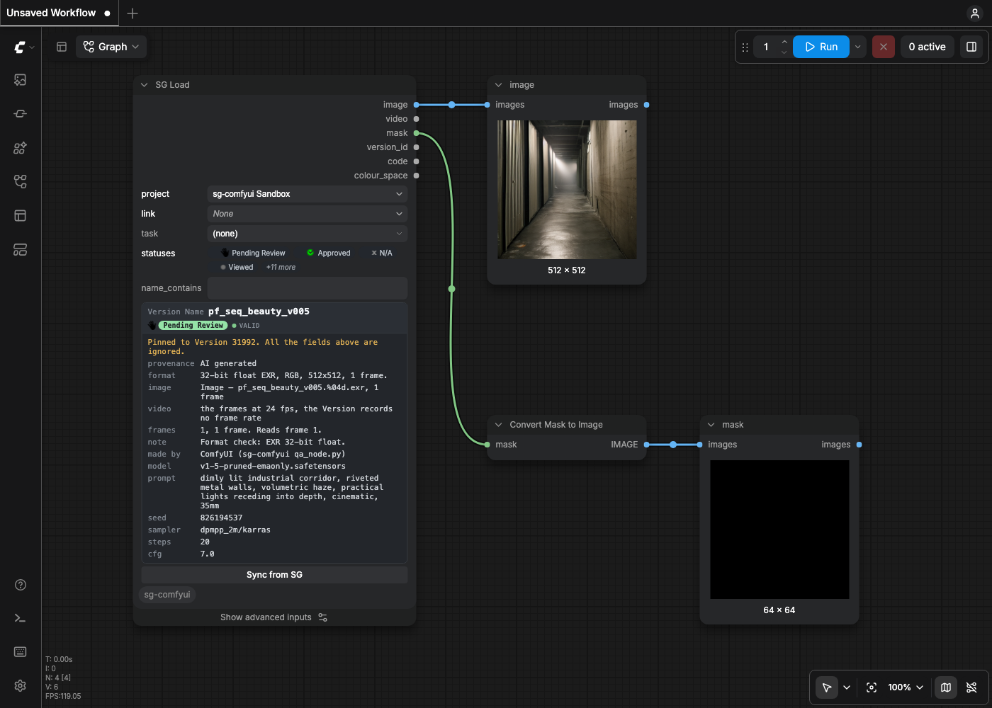 SG Load on an EXR Version in ComfyUI, showing the format line and the colour space output