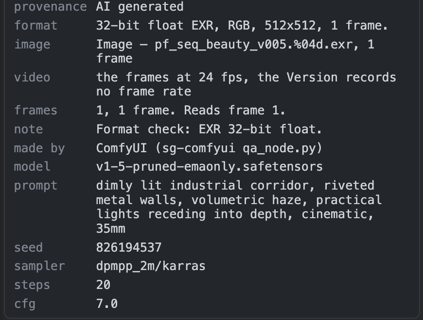 The SG Load panel listing a Version's provenance: model, prompt, seed, sampler, steps and cfg