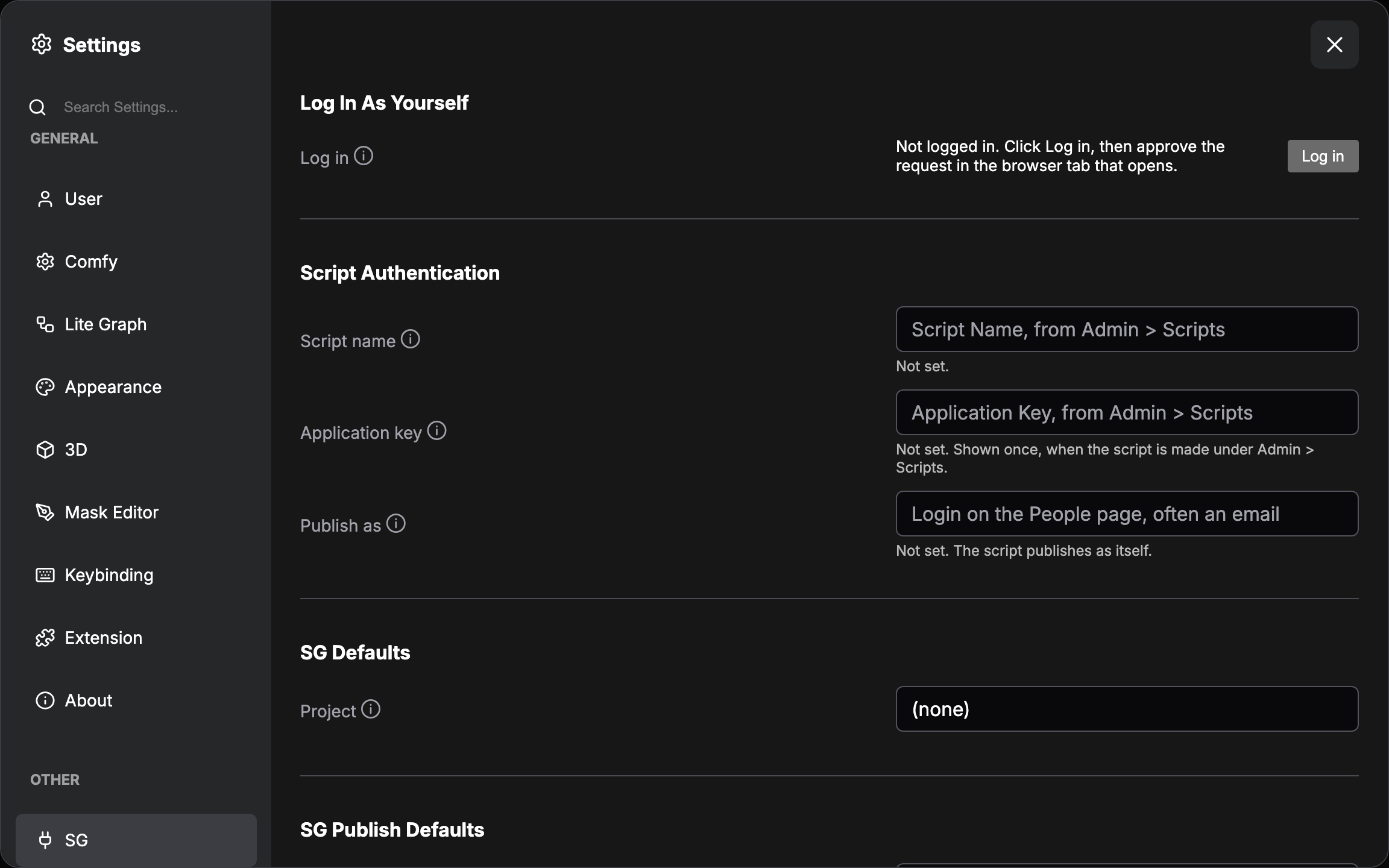 The SG page of ComfyUI settings, showing Log In As Yourself above Script Authentication