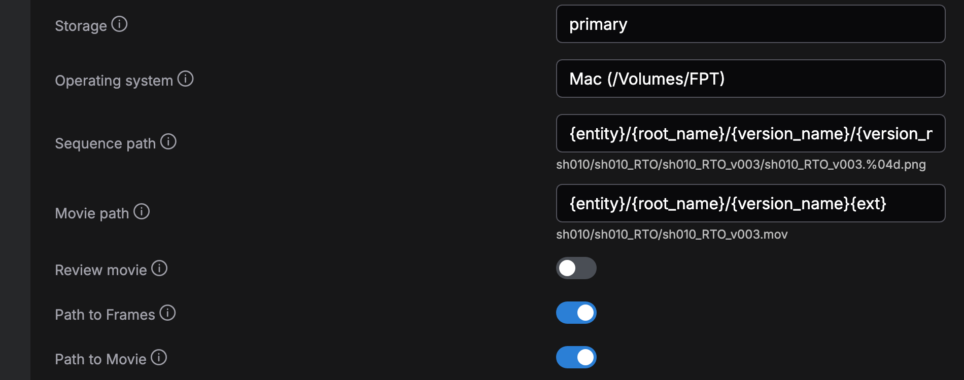 The SG page of ComfyUI settings, showing the storage, the sequence and movie path templates, and the Path to Frames and Path to Movie toggles