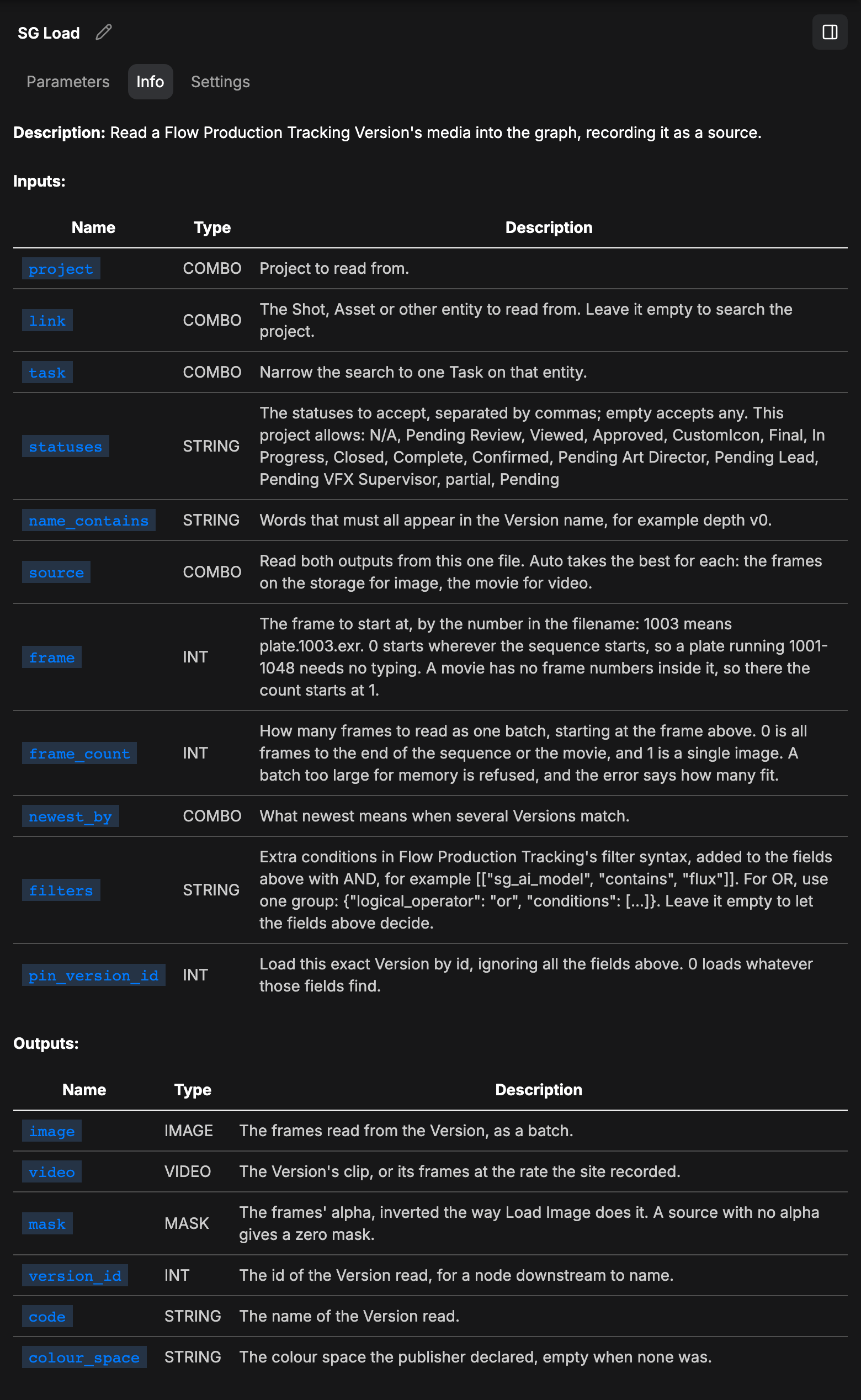 The side panel on Info, listing each SG Load input and output with its type and description