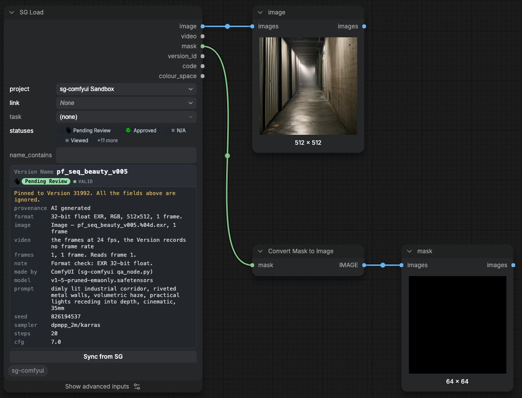 SG Load in ComfyUI on an EXR Version, showing the format line, the image and the mask
